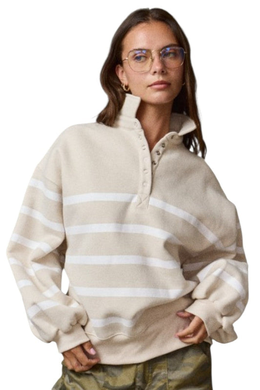 Taupe & White Stripe Snap Pullover Sweatshirt