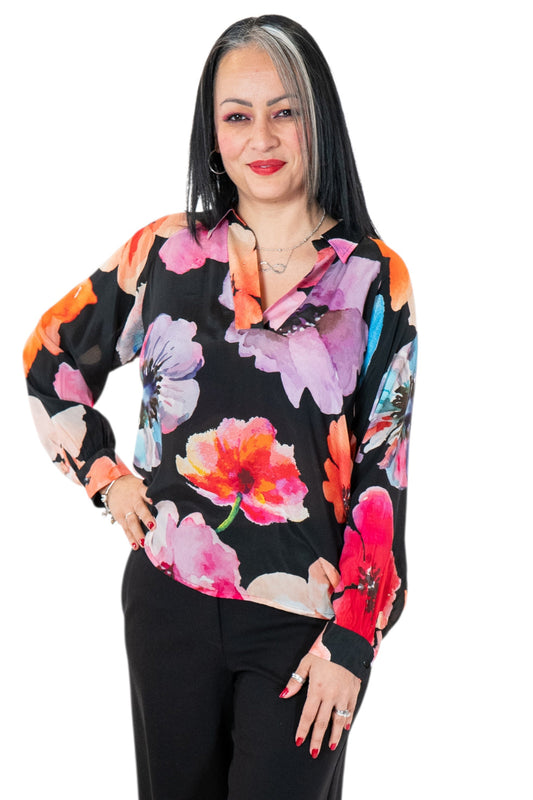 APNY Bright Pink Bold Floral Half Placket Pullover Blouse