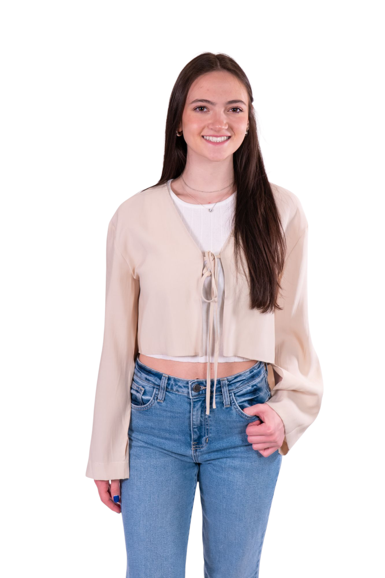 Beige Viscose Tie Front Long Sleeve Top