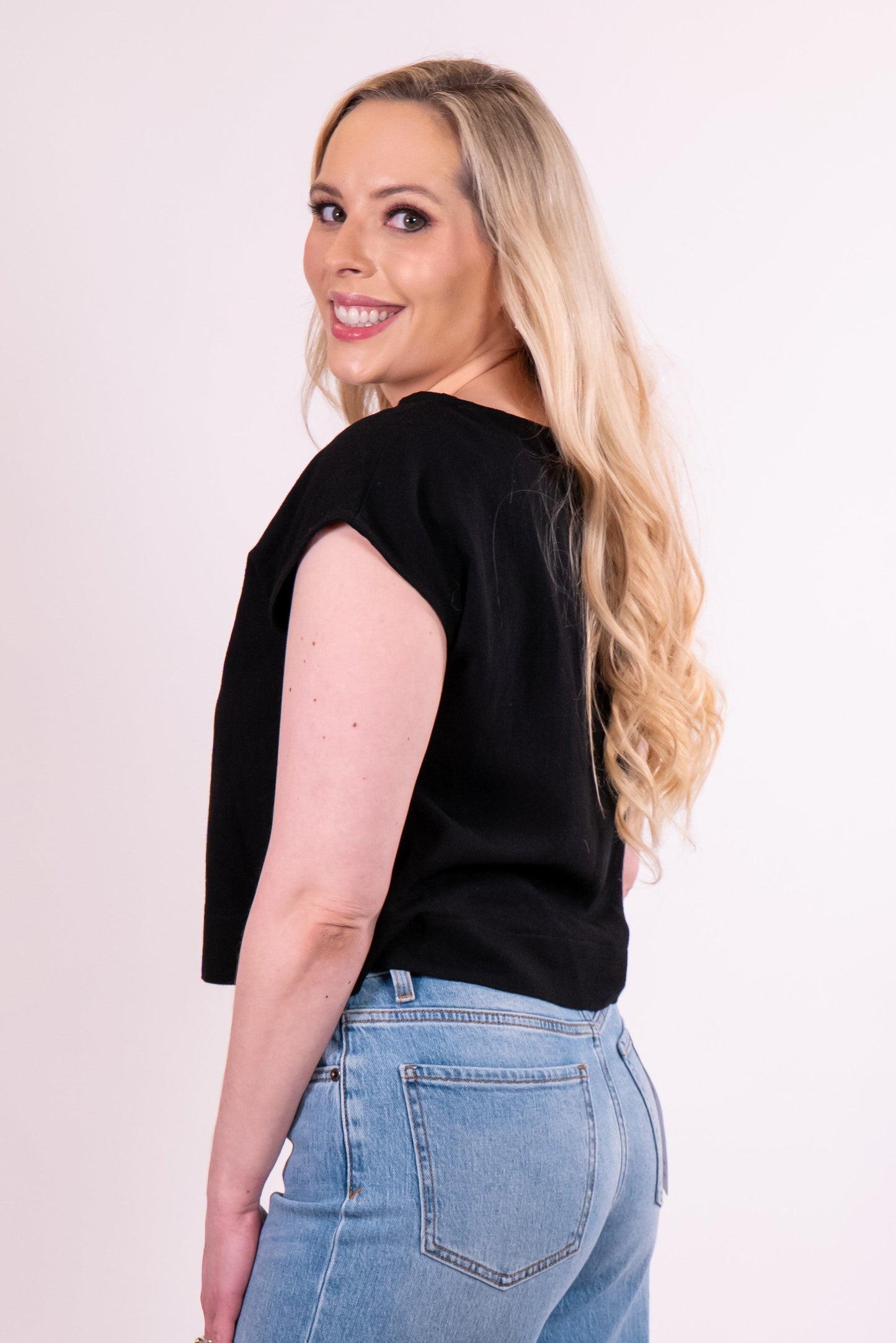 Black Round Neck Woven Boxy Top