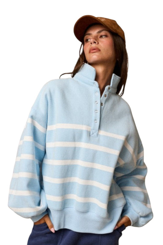 Light Blue & White Stripe Snap Pullover Sweatshirt