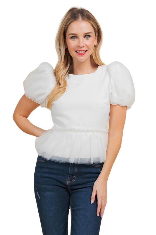White Mesh Ruffle Top